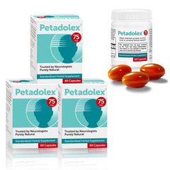 Petadolex Linpharma 75 mg bottle showing PA-free butterbur for headache prevention
