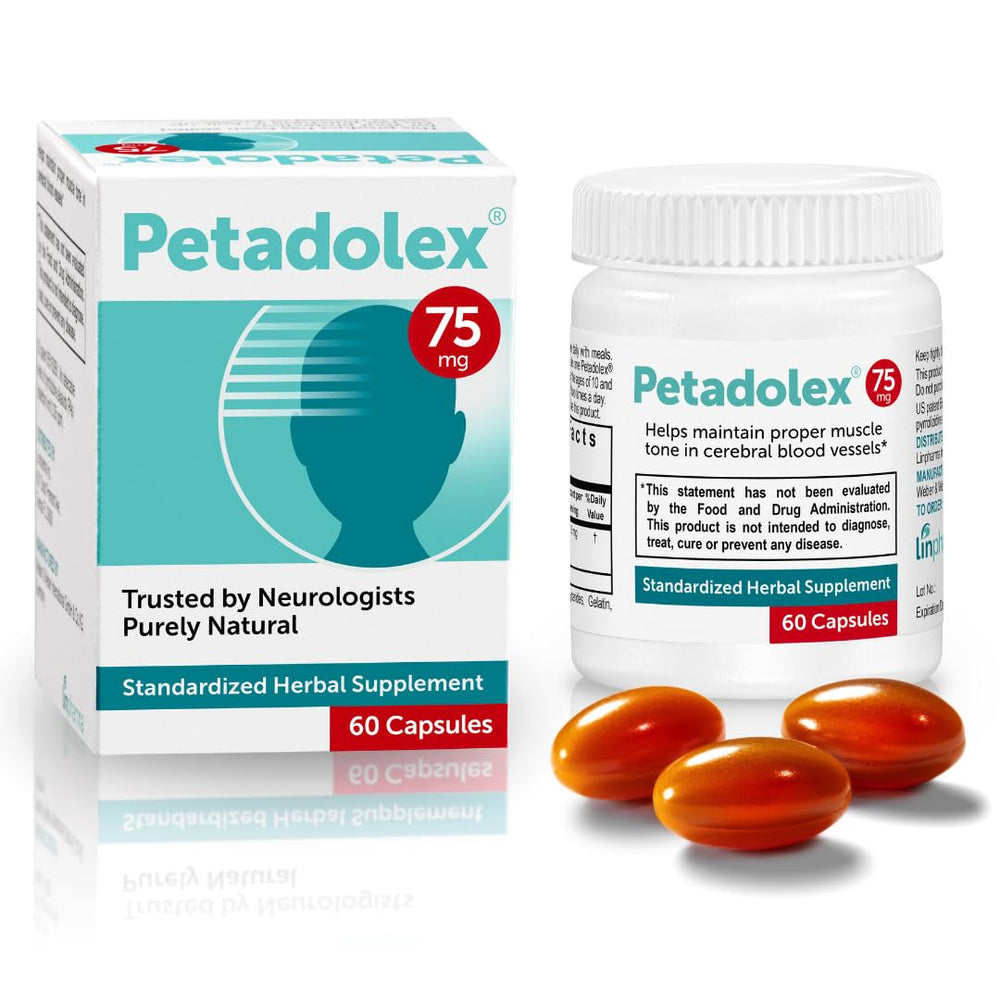 Petadolex migraine relief capsules showing 75 mg per dose