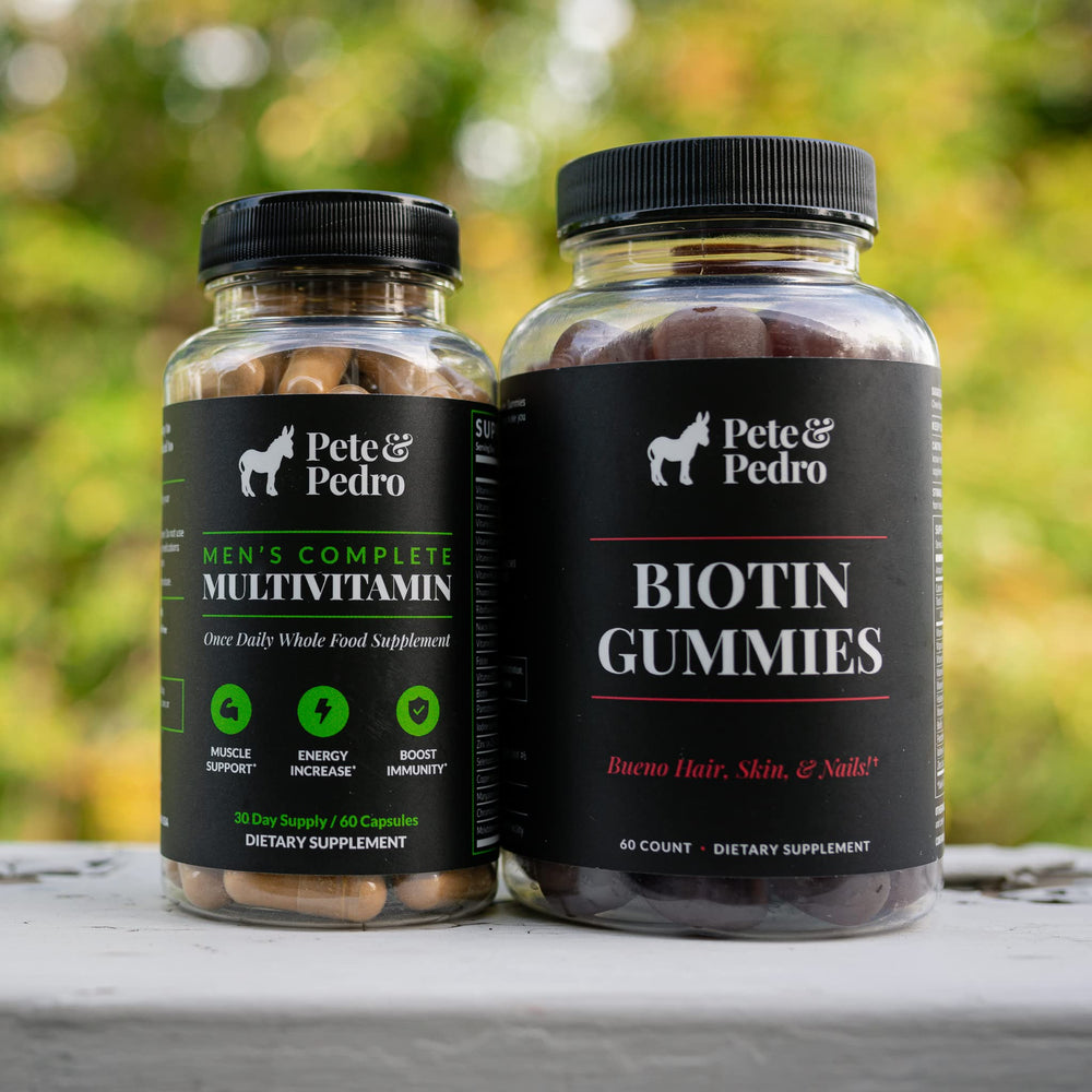 Pete and Pedro BIOTIN Gummies nutrition facts panel reveals 5000mcg per serving for convenience.