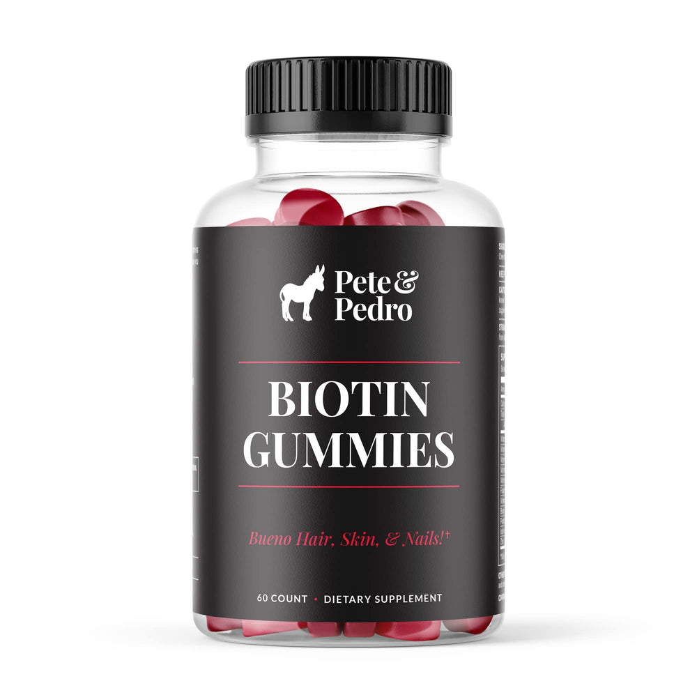 Pete and Pedro BIOTIN Gummies cherry bottle promotes a tasty daily routine for hair, skin, and nails.