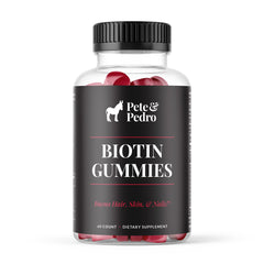 Pete and Pedro BIOTIN Gummies cherry bottle promotes a tasty daily routine for hair, skin, and nails.