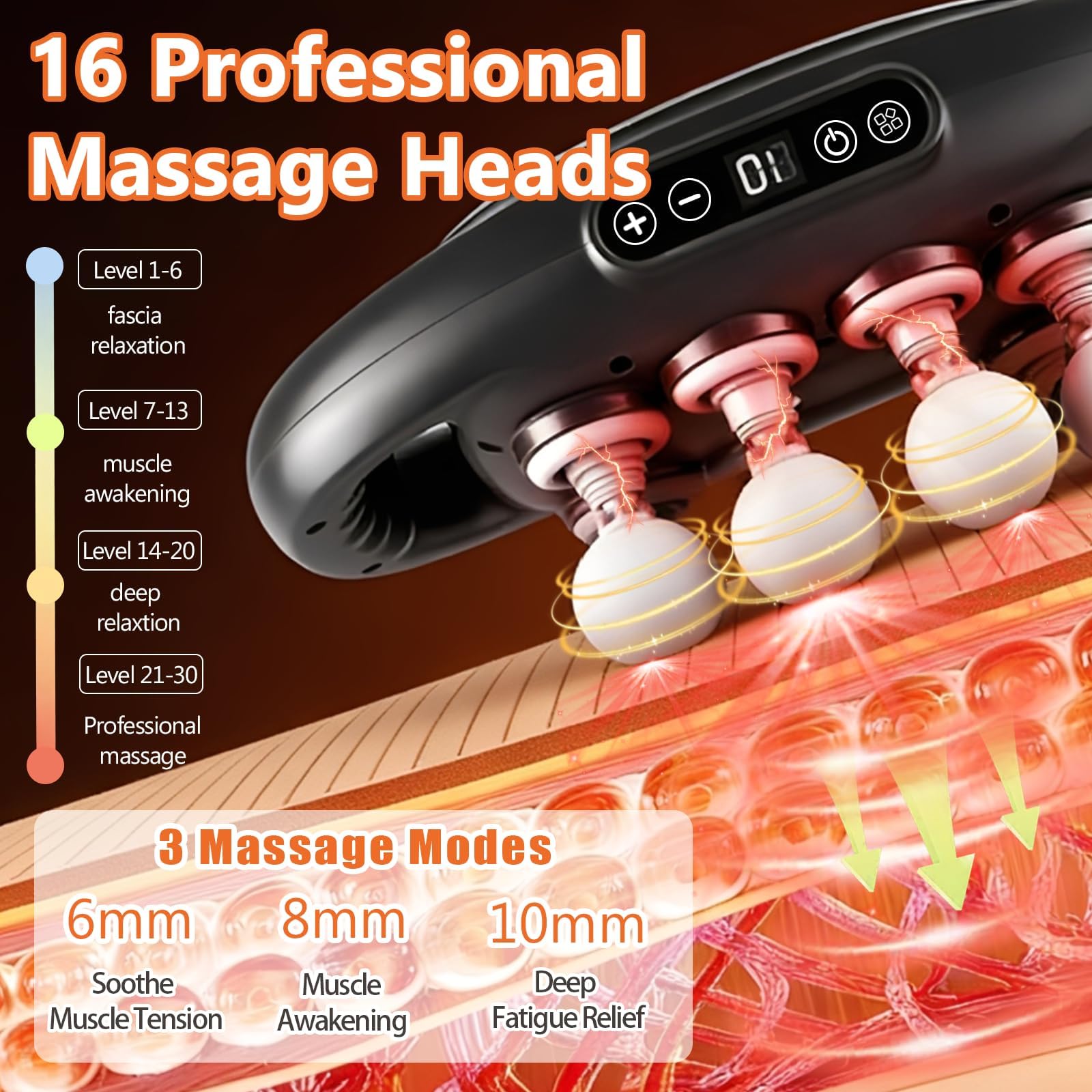 PFUM 16-Head Massage Gun side view shows ergonomic grip for comfortable sessions