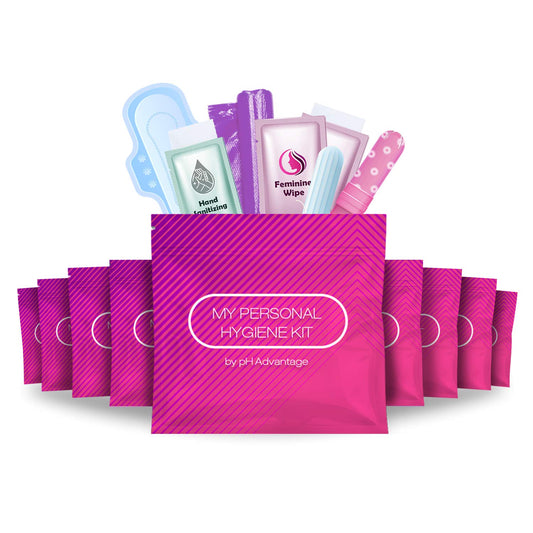 pH Advantage menstrual kit 10-pack travel-ready with discreet pink packaging.