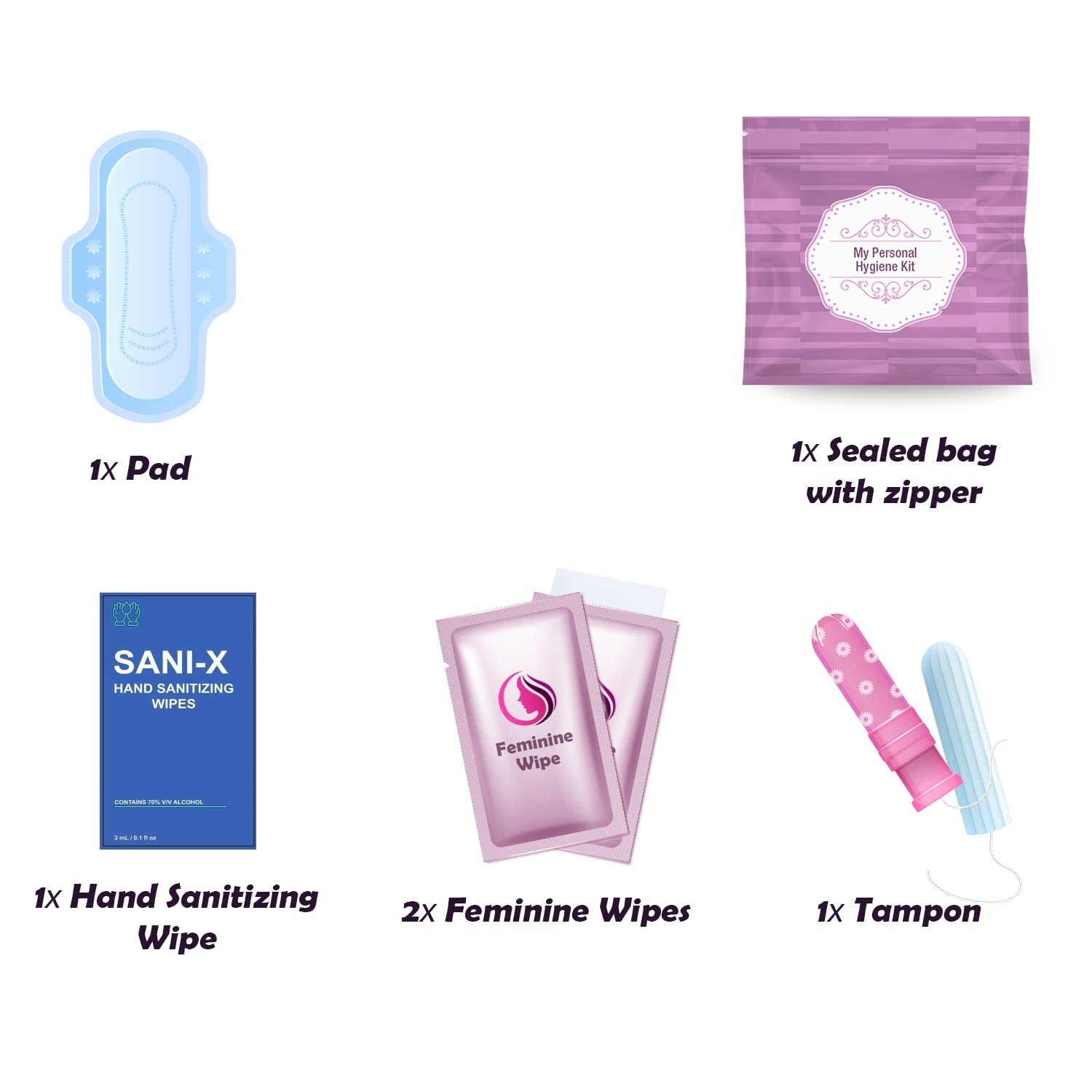 pH Advantage individual packs opened, showing tampons, pads, wipes, and disposal bag.