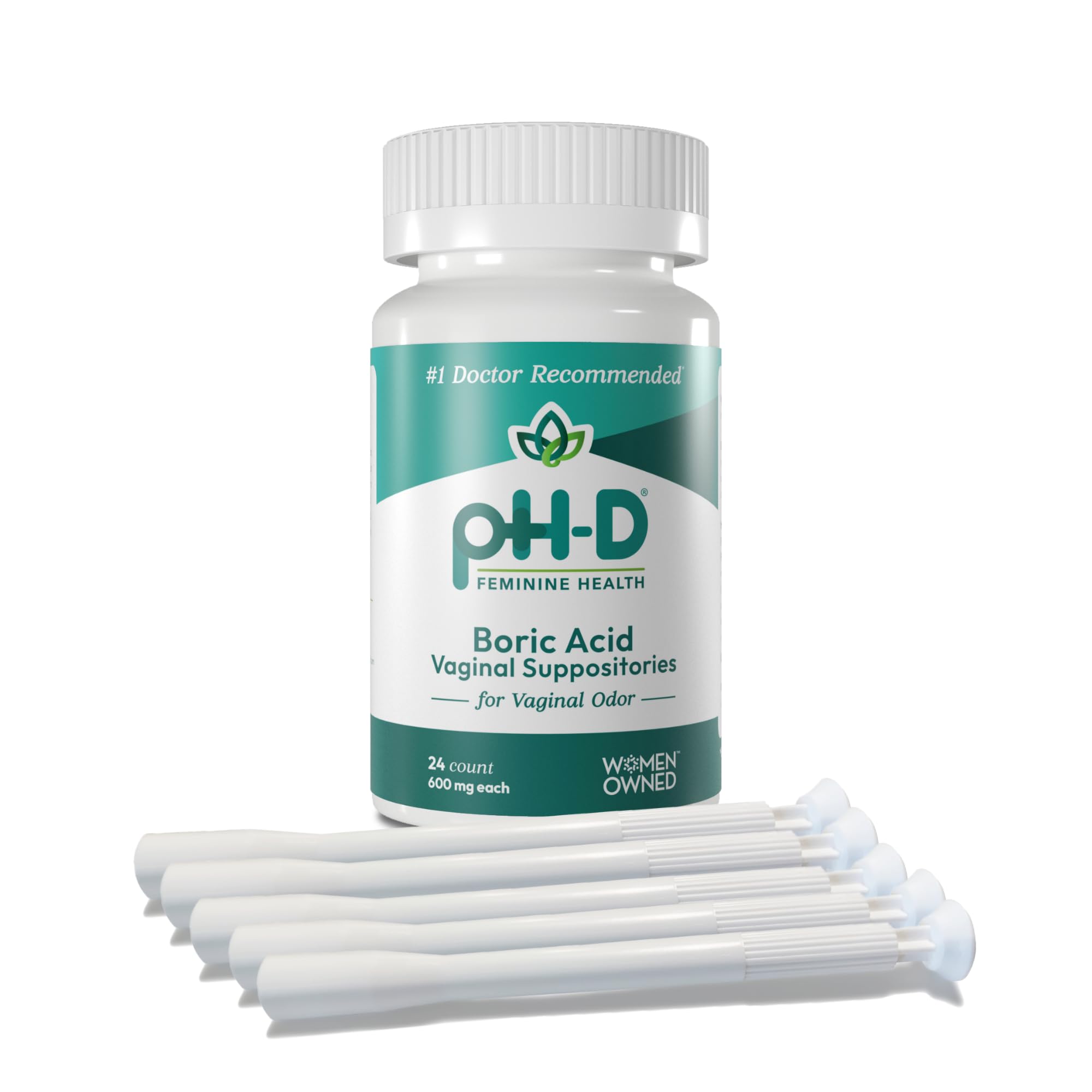 The pH-D boric acid suppositories 24-count bottle supports pH balance.