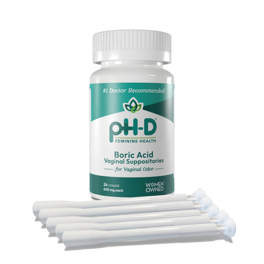 The pH-D boric acid suppositories 24-count bottle supports pH balance.