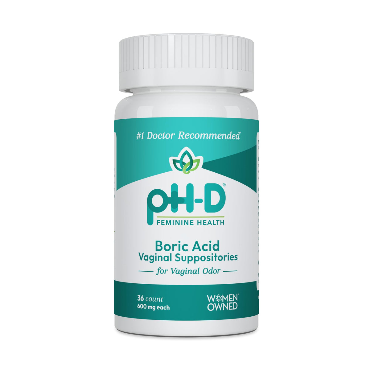 pH-D boric acid suppositories bottle front for daily vaginal odor support.