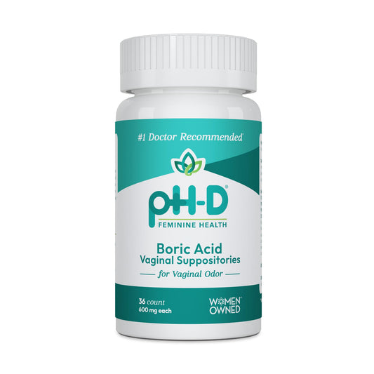 pH-D boric acid suppositories bottle front for daily vaginal odor support.
