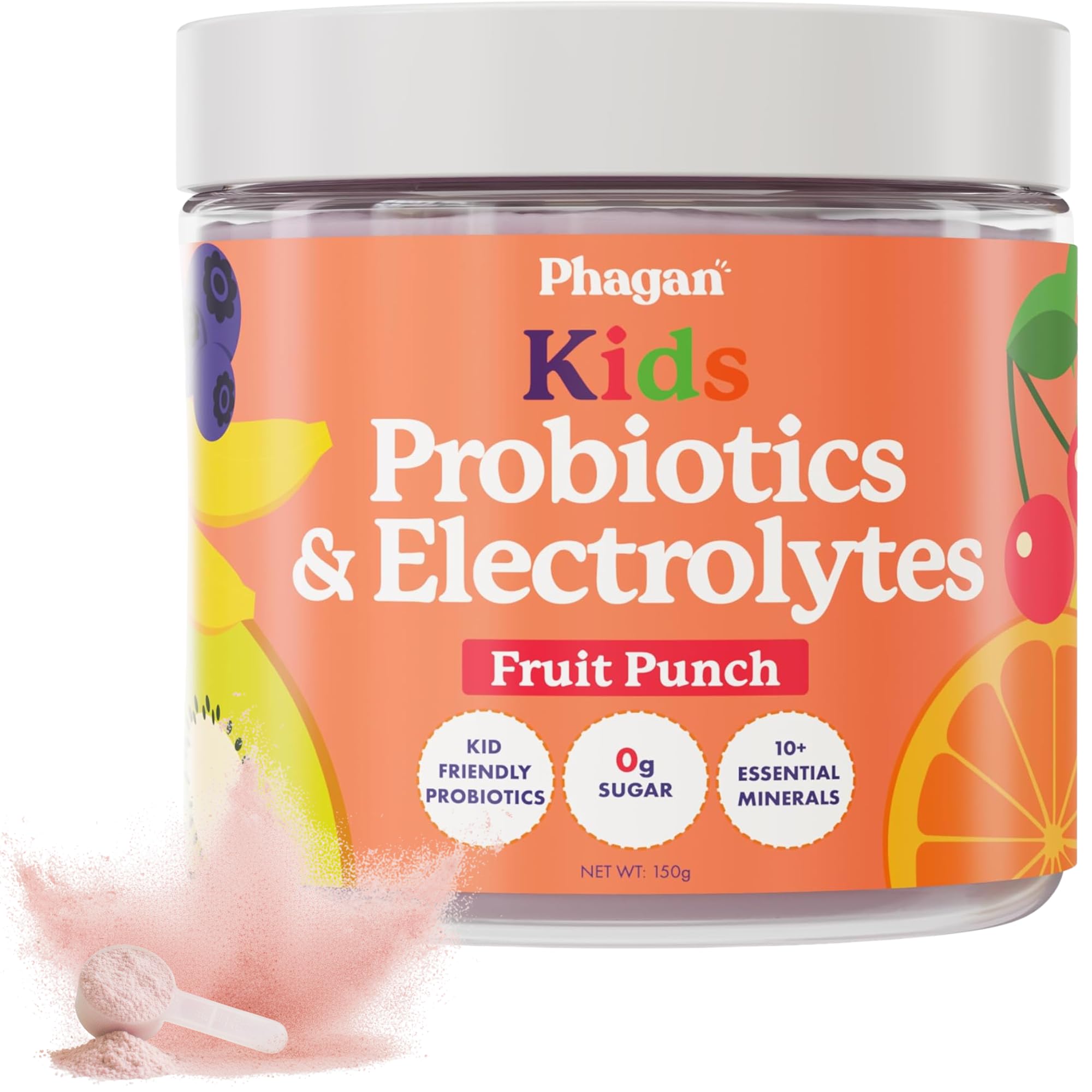 Phagan Kids Electrolyte + Probiotic Powder bottle highlights dual-action hydration for active kids.