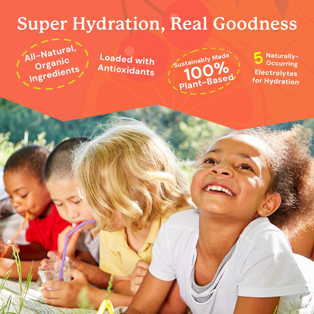 Phagan kids drink poured into a cup showing kid-approved fruit flavor.