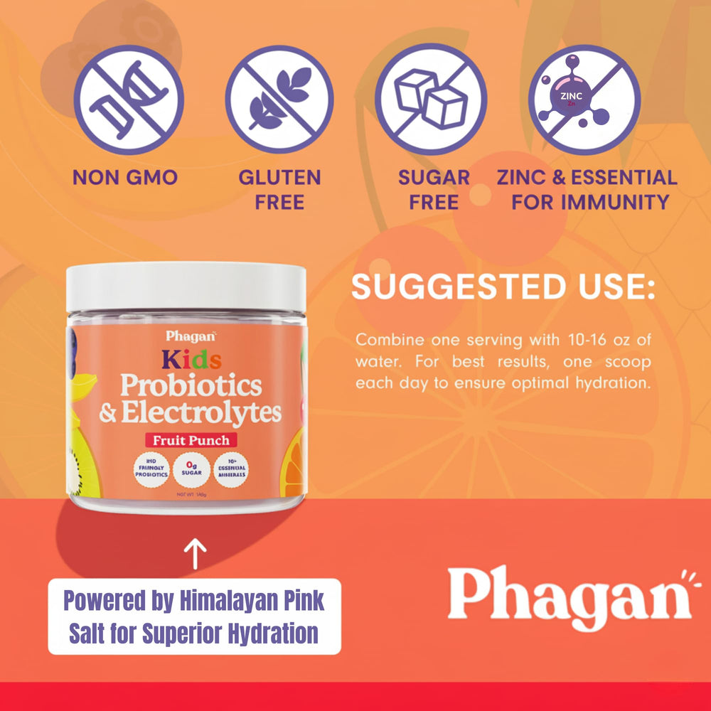 Phagan fruit punch powder dissolving easily in water for tasty hydration.