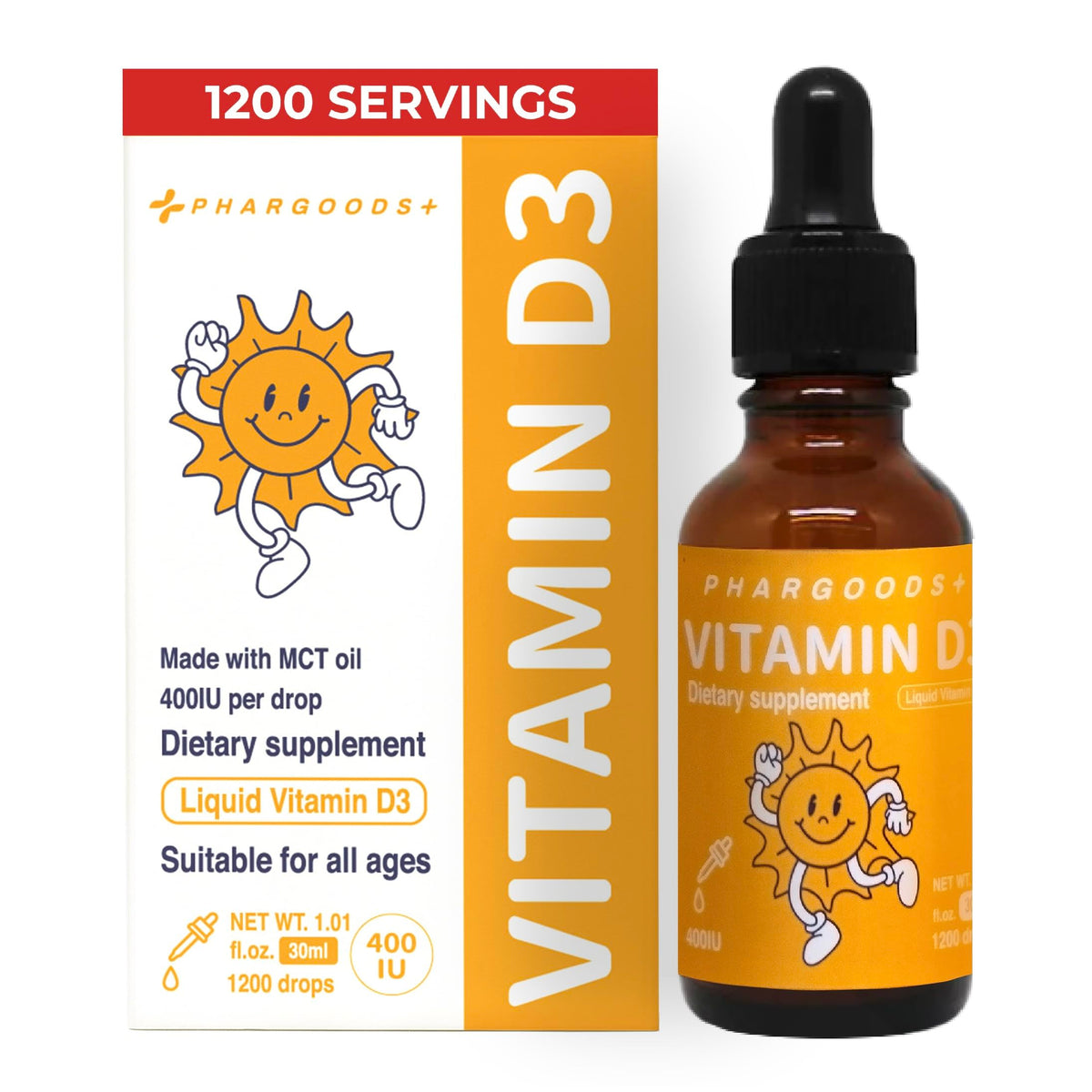 PHARGOODS+ Baby Vitamin D3 Drops bottle on a shelf, supports immune health for the whole family.