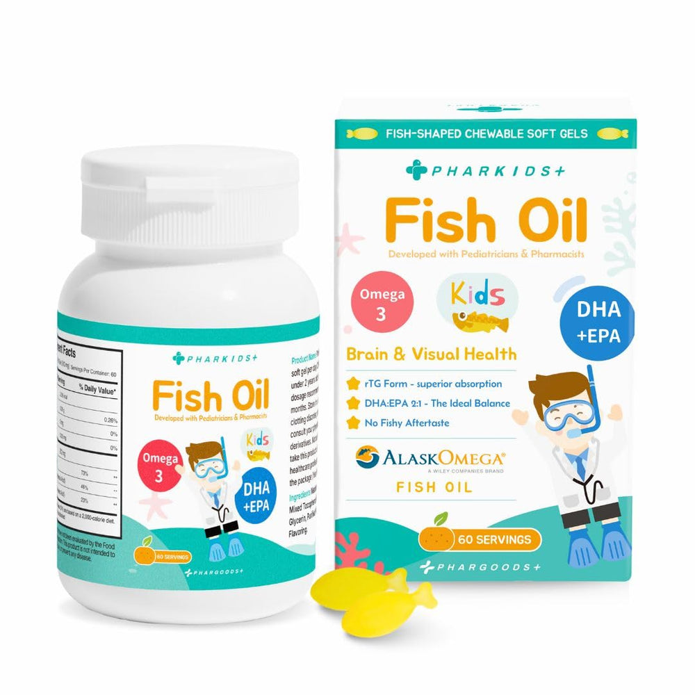 PHARGOODS+ Kids Fish Oil bottle displaying the kid-friendly omega-3 supplement.