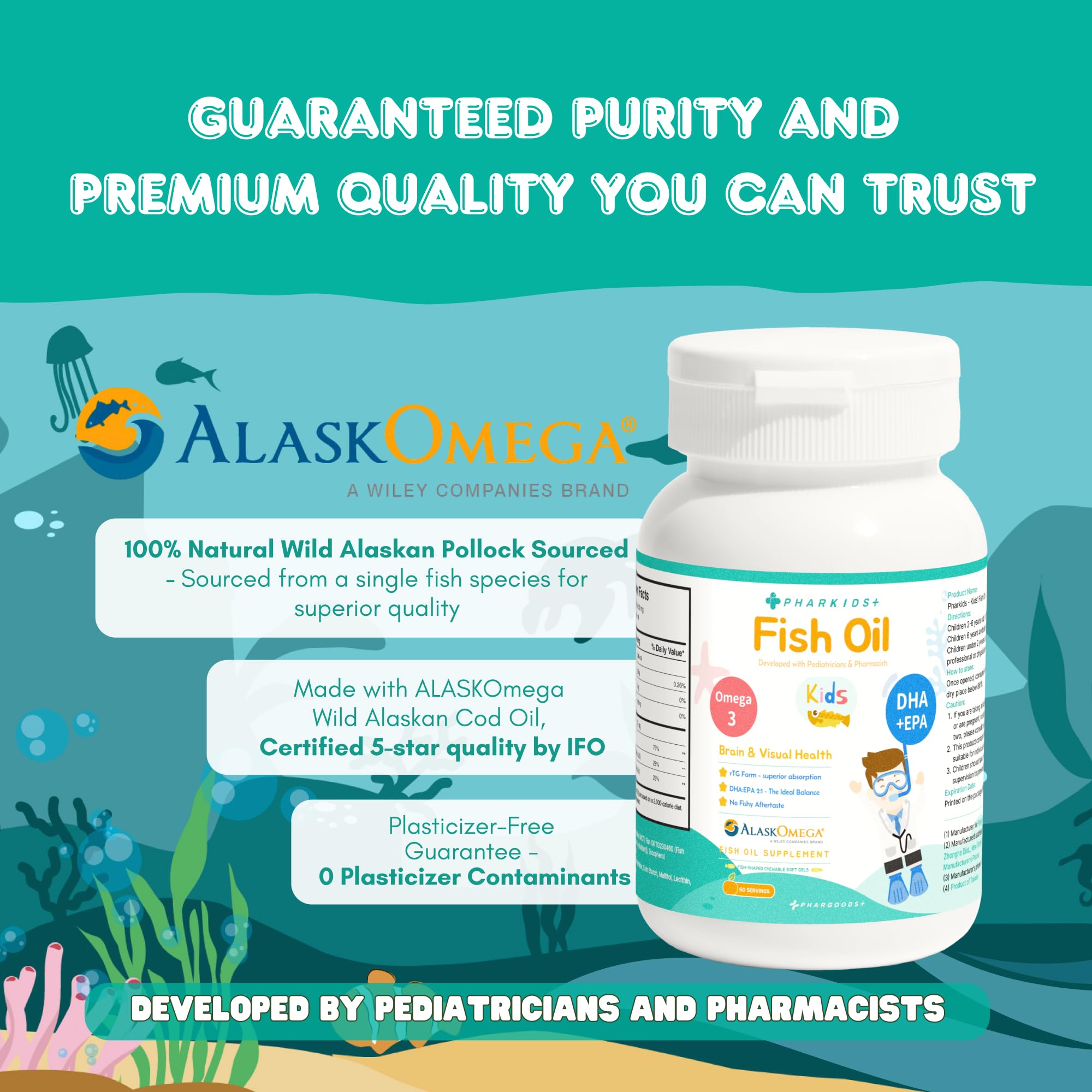 PHARGOODS+ Kids Fish Oil fish-shaped soft gels ideal for easy chewing.