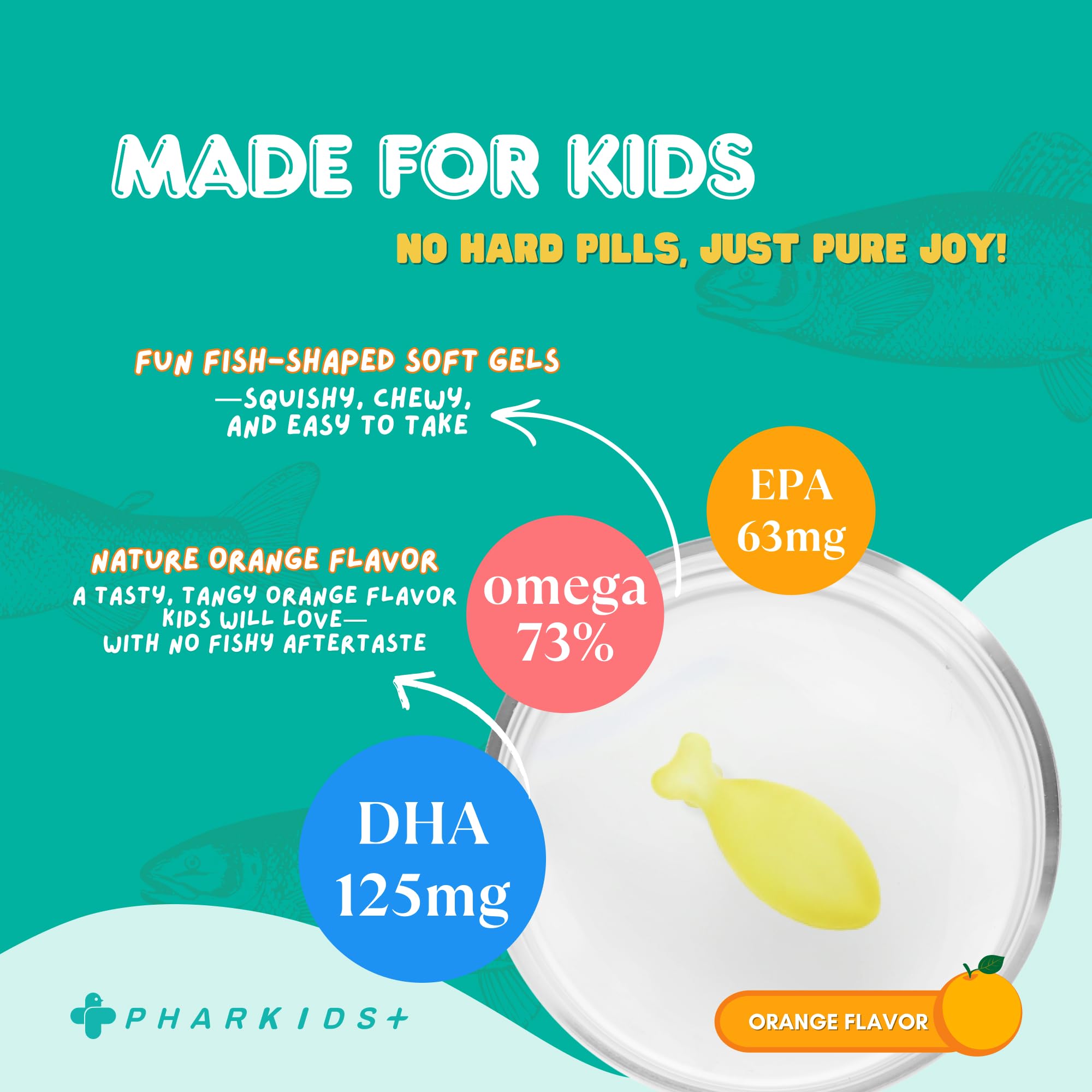 PHARGOODS+ Kids Fish Oil packaging shows pediatrician-developed formula and third-party testing seal.