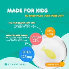 PHARGOODS+ Kids Fish Oil packaging shows pediatrician-developed formula and third-party testing seal.