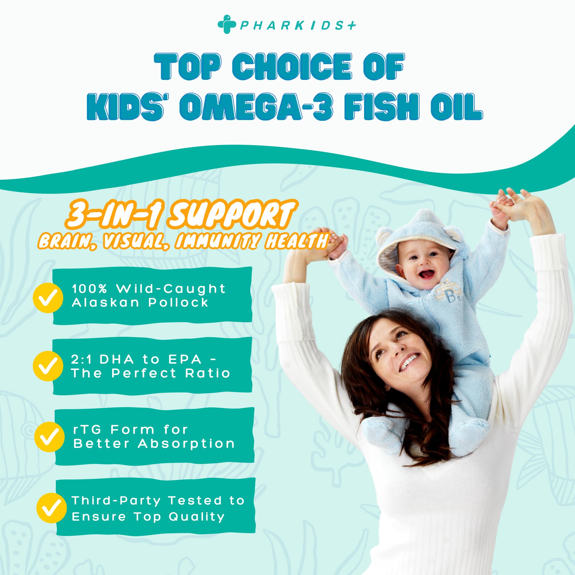 PHARGOODS+ Kids Fish Oil orange-flavored softgels designed for easy consumption.