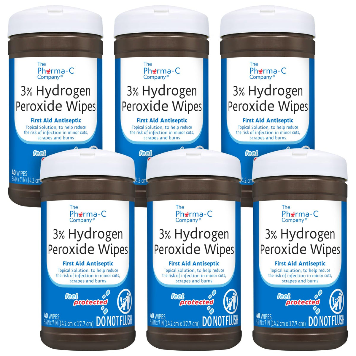 The Pharma-C Company 3% Hydrogen Peroxide Wipes dispense easily for on-the-go first aid.
