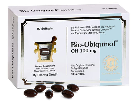 Pharma Nord Bio-Ubiquinol 100 mg softgels bottle with natural antioxidant profile.
