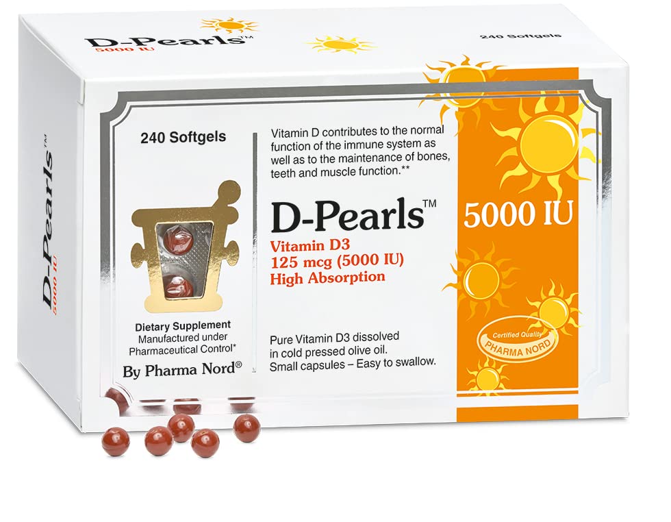 Pharma Nord D-Pearls bottle front—premium vitamin D3 softgels for daily use