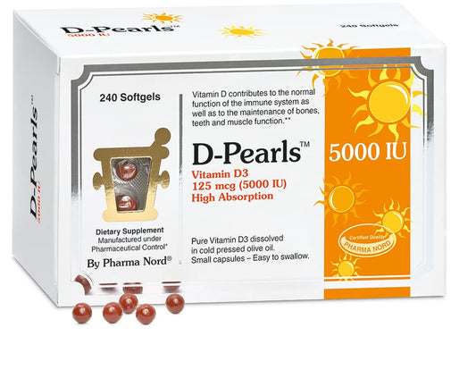 Pharma Nord D-Pearls bottle front—premium vitamin D3 softgels for daily use
