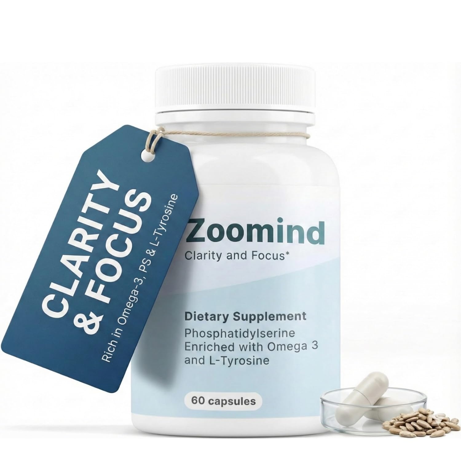 PHARMA SHAUL Zoomind bottle on desk for daily focus support.