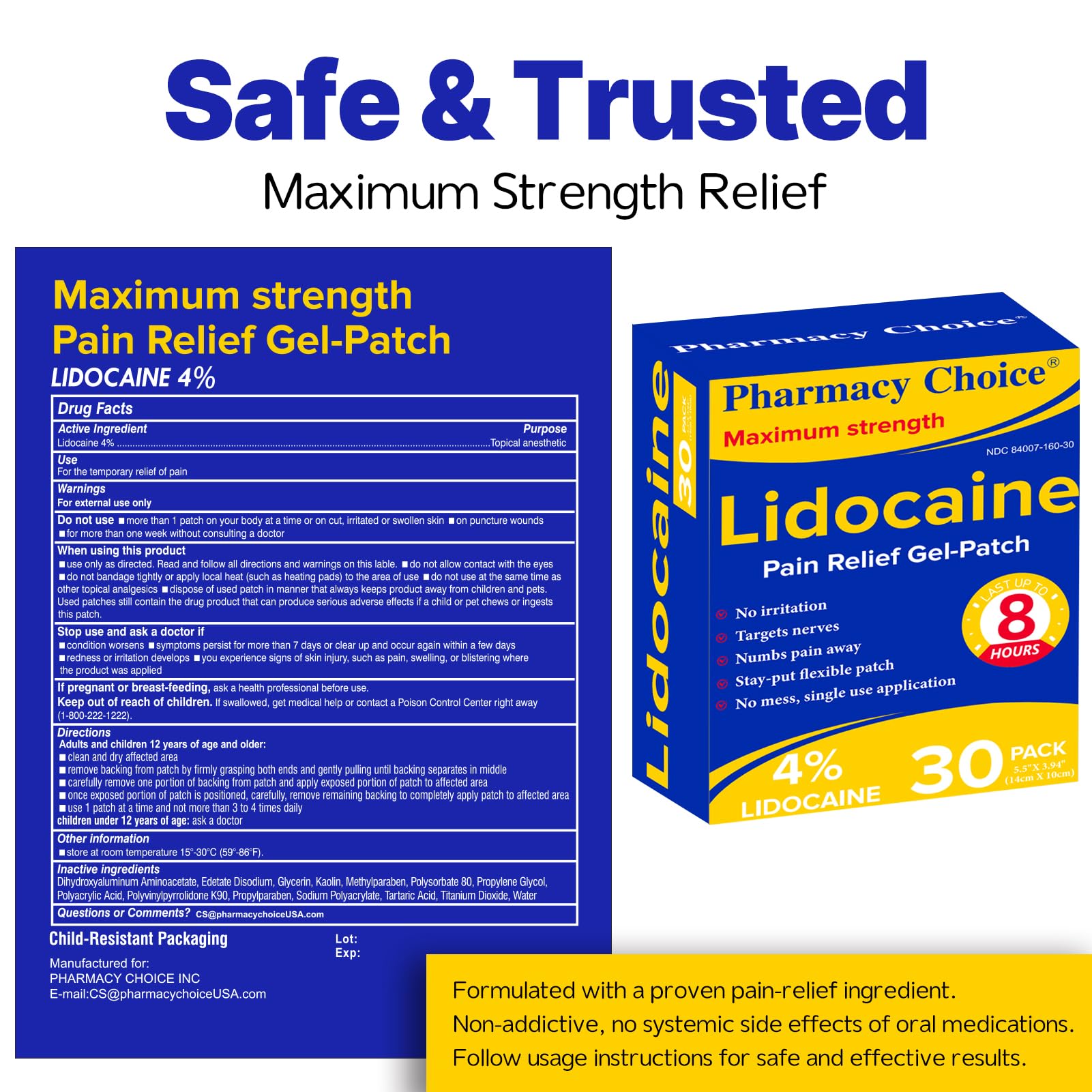 Pharmacy Choice lidocaine patches for elbow soothe elbow discomfort during activity.