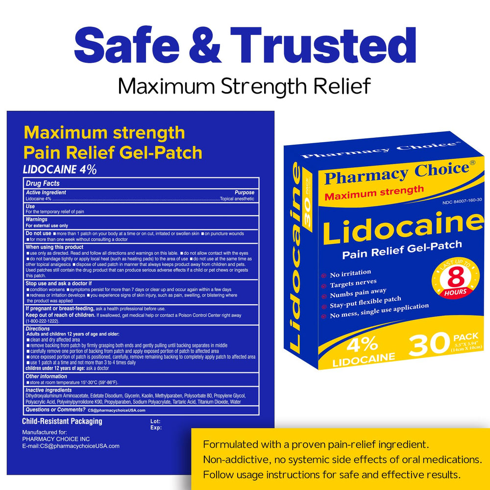 Pharmacy Choice lidocaine patches for elbow soothe elbow discomfort during activity.