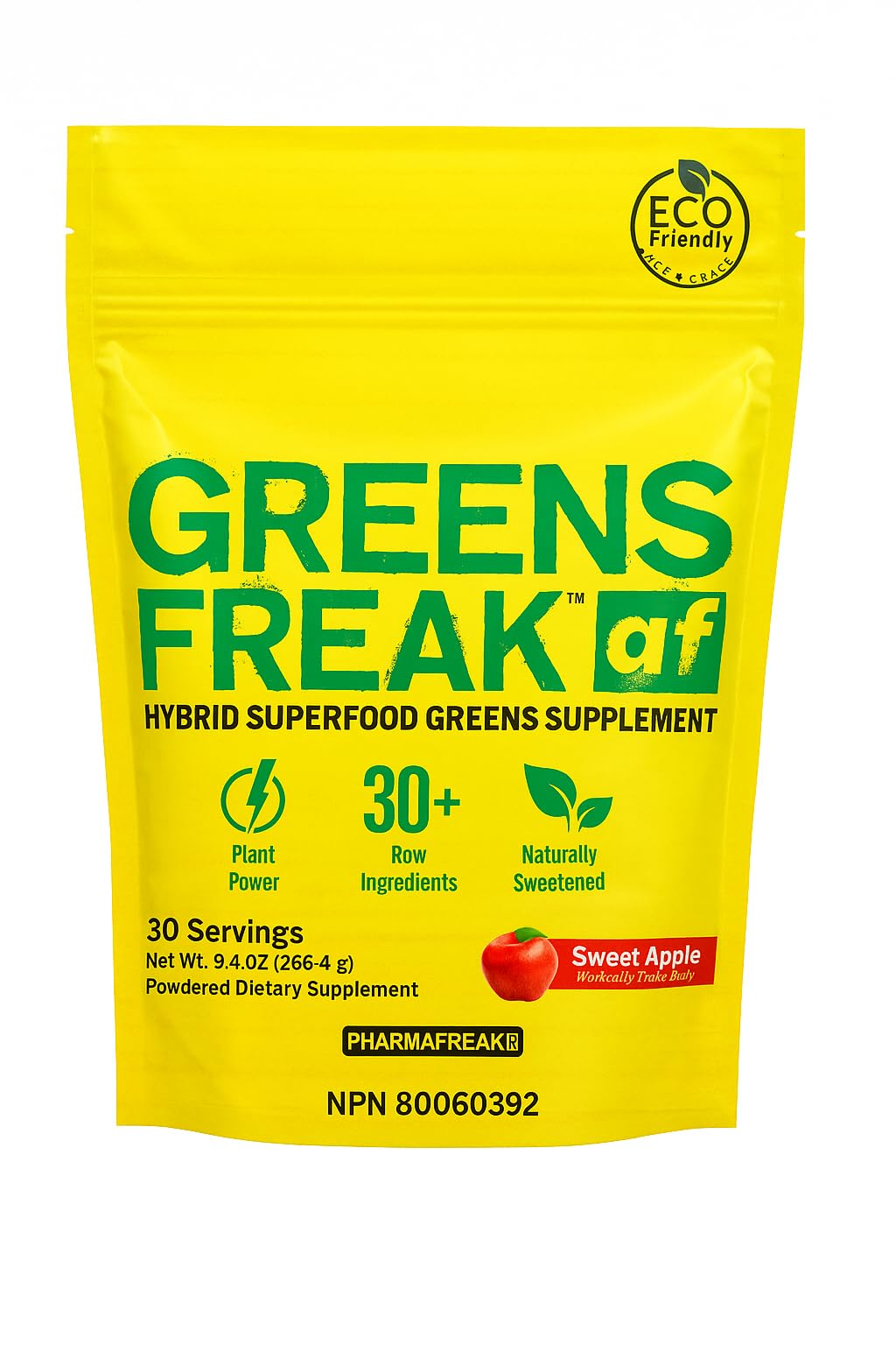 Pharmafreak Greens Freak bottle with label, vegan daily greens for energy and digestion.