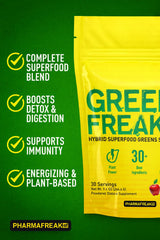 Eco-friendly Pharmafreak Greens Freak pouch kept sealed to preserve freshness.
