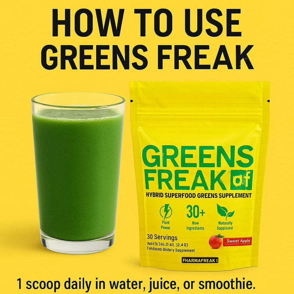 Spirulina and chlorella-rich blend visible with barley and wheatgrass imagery.