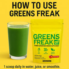 Spirulina and chlorella-rich blend visible with barley and wheatgrass imagery.