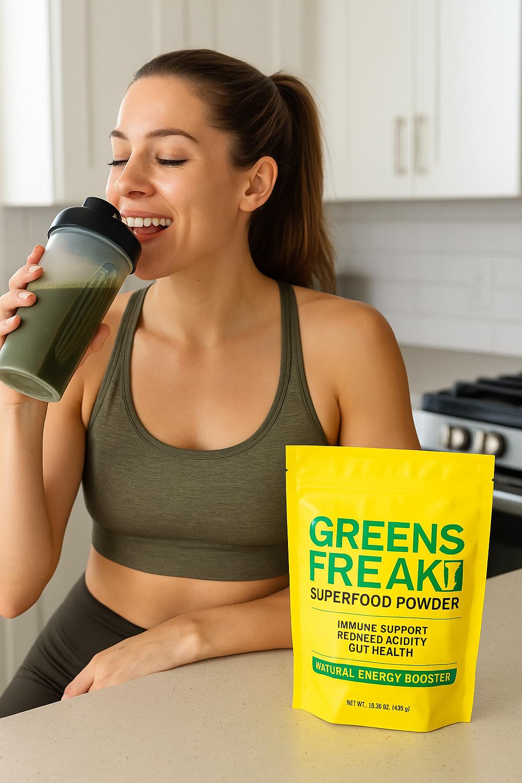 Vegan-friendly label on Greens Freak for clean, plant-based nutrition.