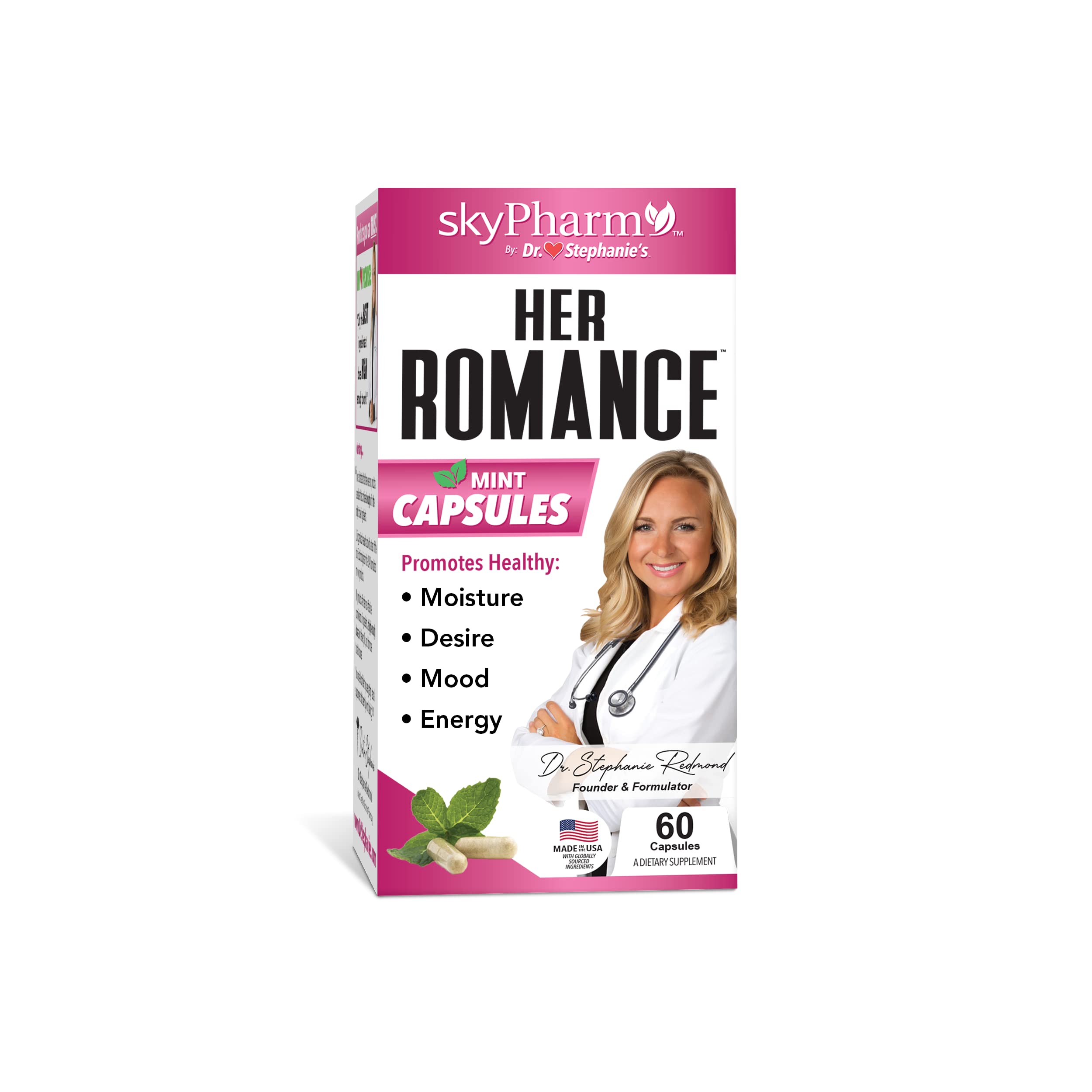 Pharmaganics Her Romance bottle with capsules for daily balance.
