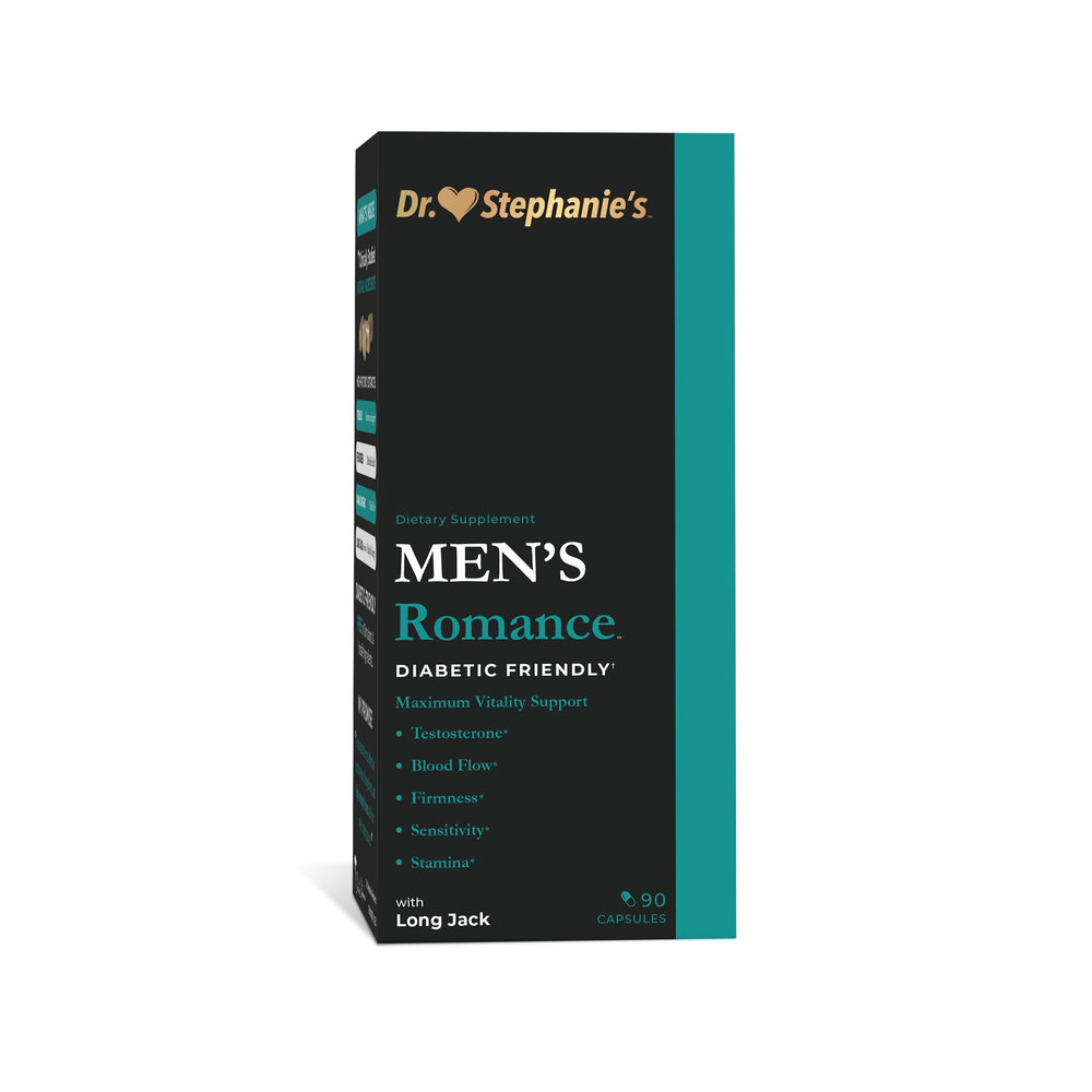 Pharmaganics Dr. Stephanie's Men's Romance bottle highlighting energy support.