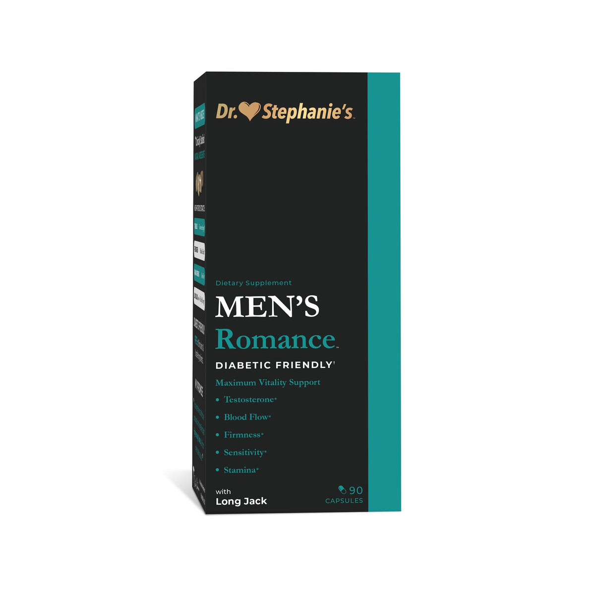 Pharmaganics Dr. Stephanie's Men's Romance bottle highlighting energy support.