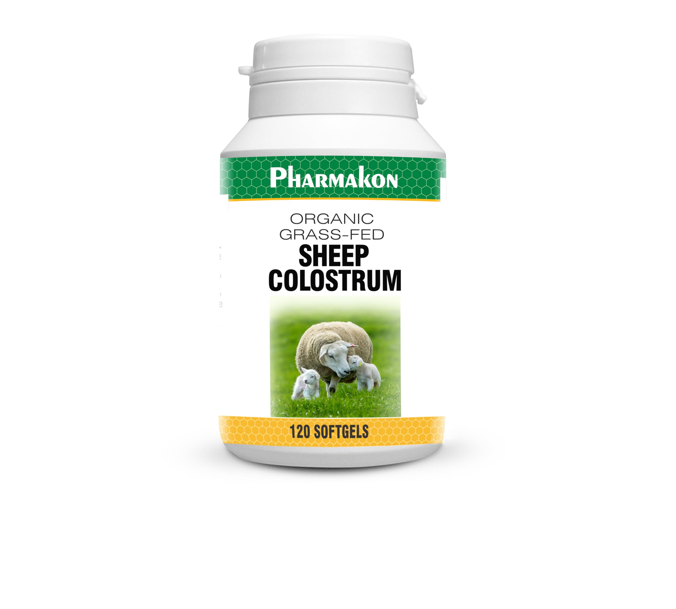 PHARMAKON Organic Sheep Colostrum softgel bottle shows easy-to-swallow capsules for daily use.