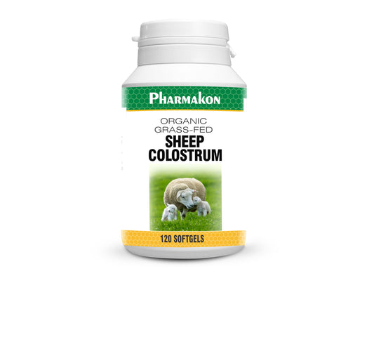 PHARMAKON Organic Sheep Colostrum softgel bottle shows easy-to-swallow capsules for daily use.