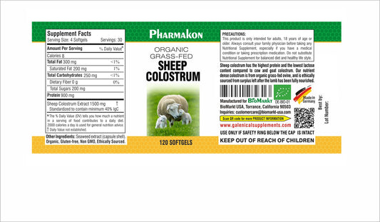 PHARMAKON sheep colostrum capsules close-up highlighting high-protein, dairy-friendly supplementation.