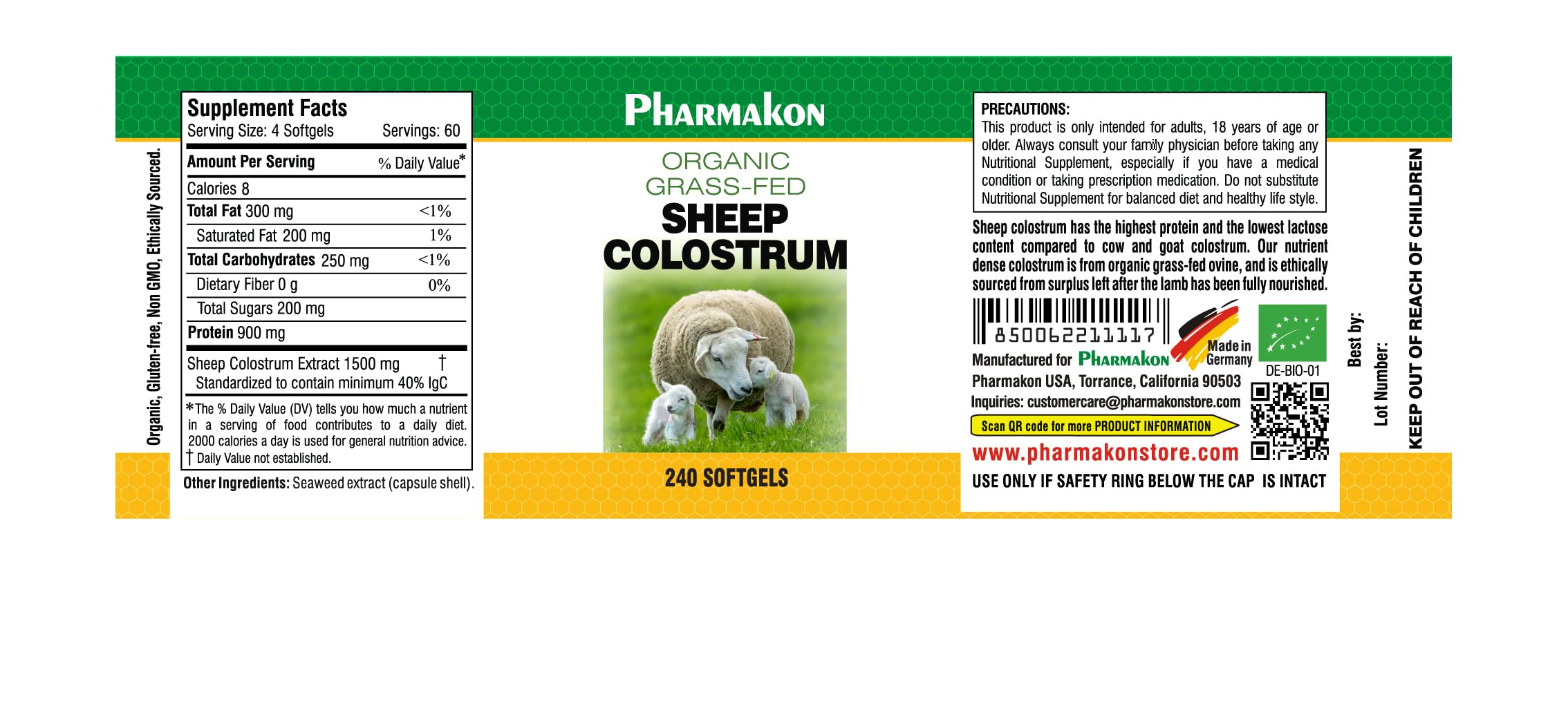 PHARMAKON Sheep Colostrum softgels label closeup showing organic purity