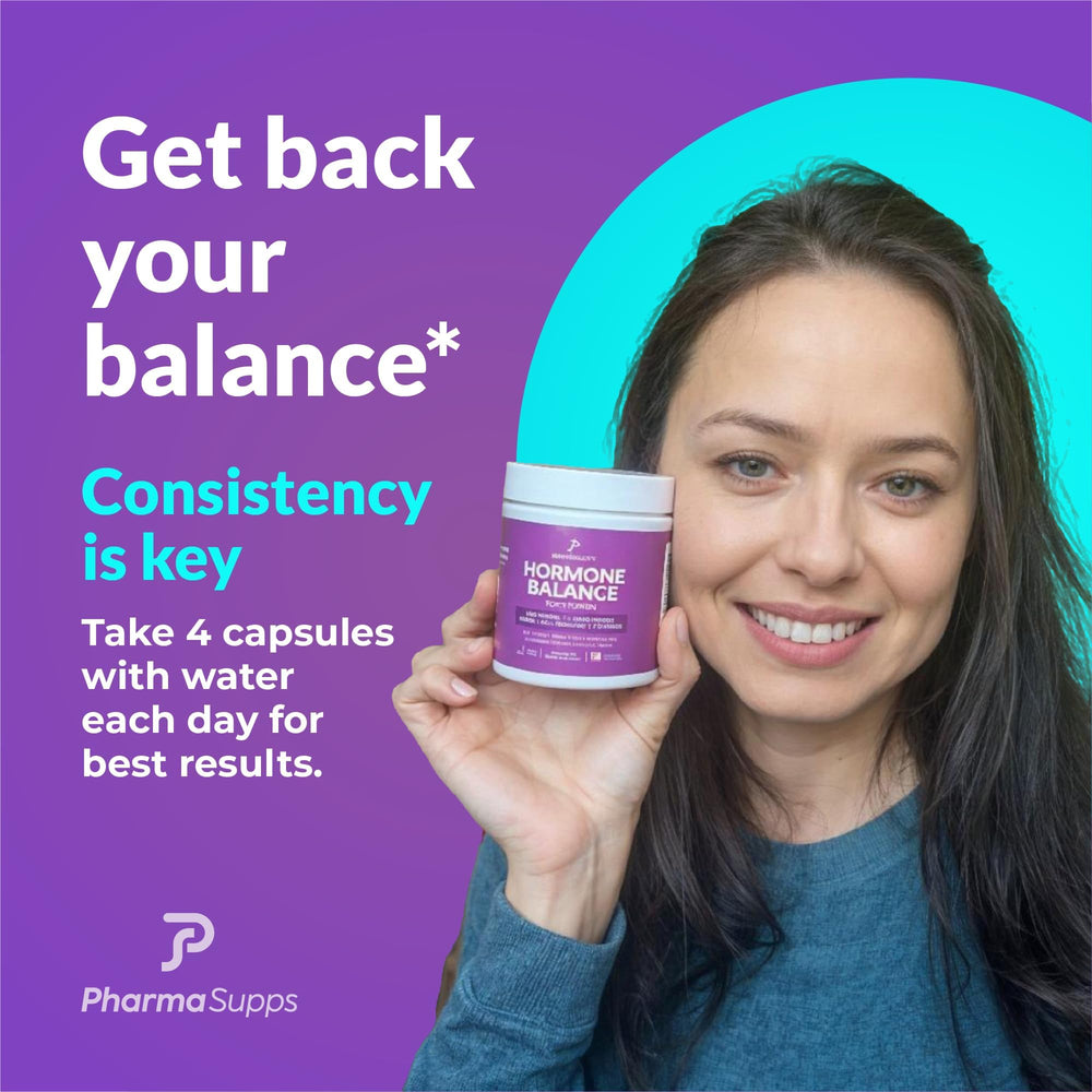 PharmaSupps Hormone Balance bottle with pour demonstrates easy daily dosing.