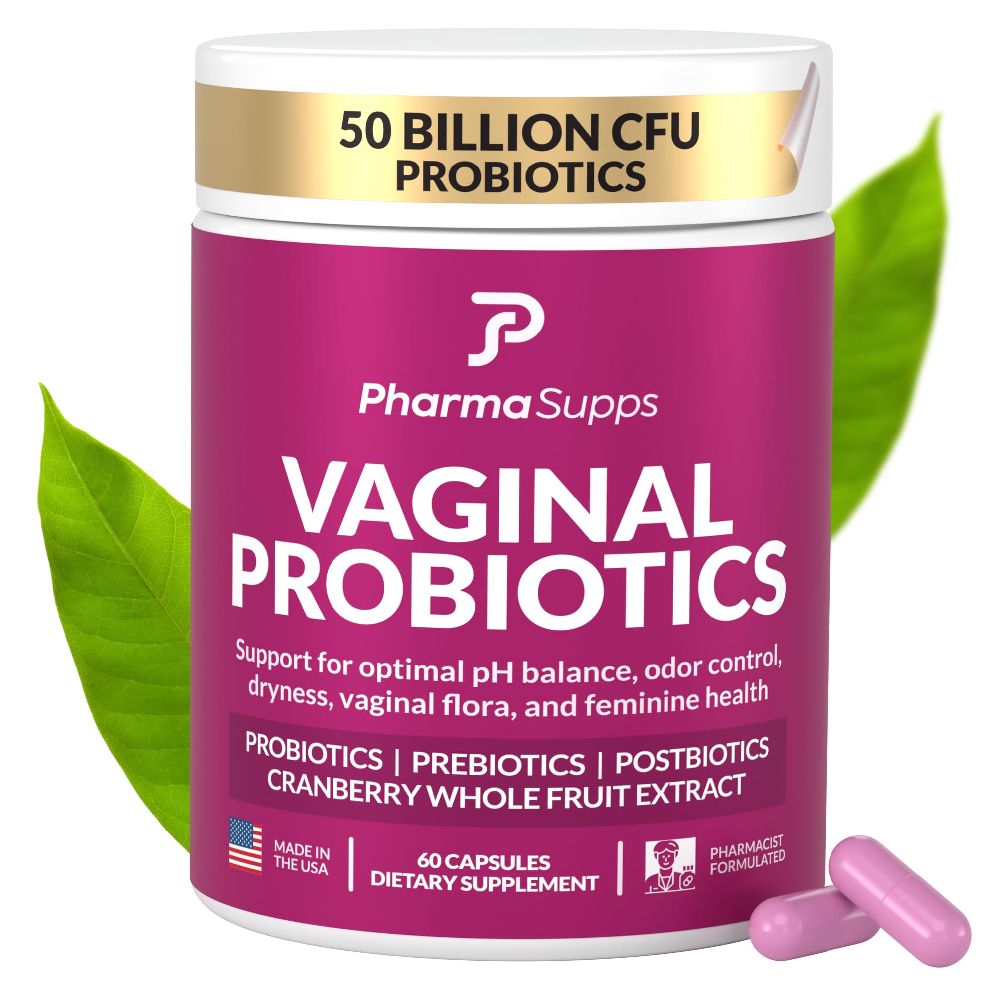PharmaSupps Women’s Probiotic bottle front supports daily vaginal balance and freshness.
