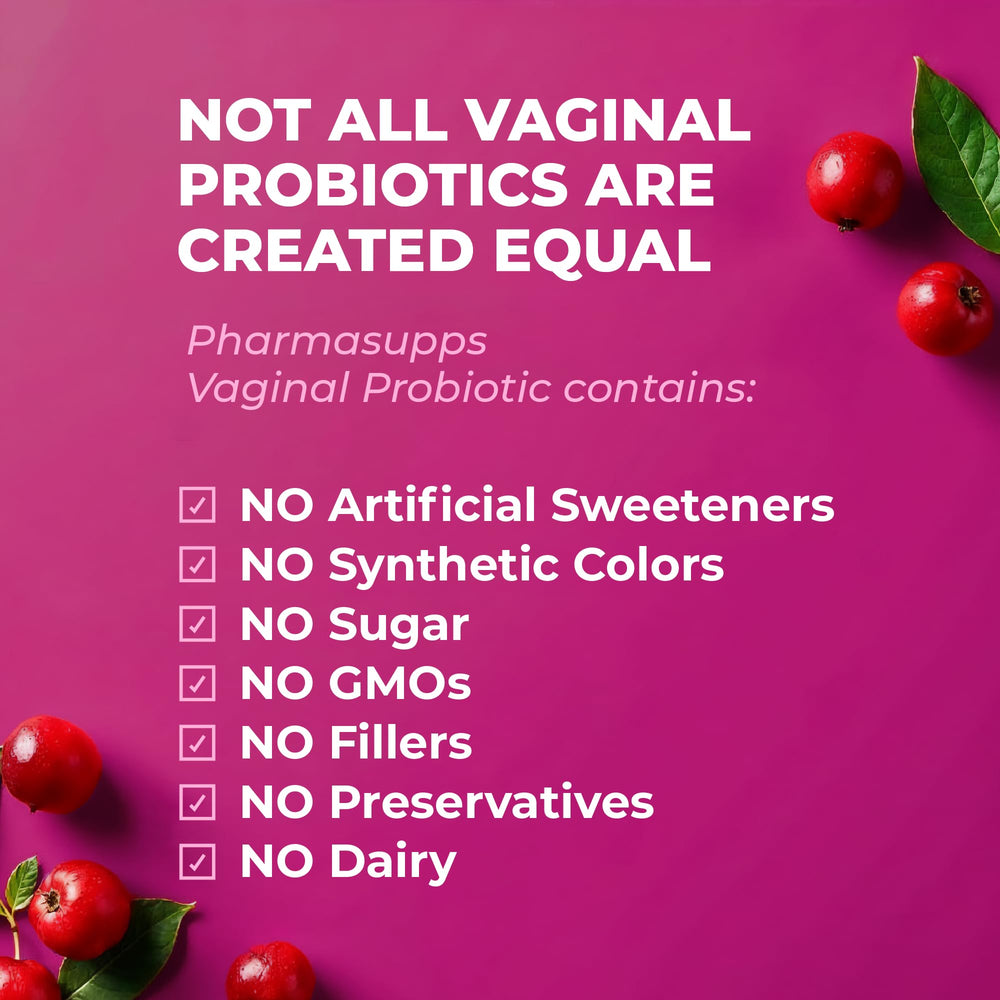 PharmaSupps Cranberry illustration signals urinary comfort support in the probiotic blend.