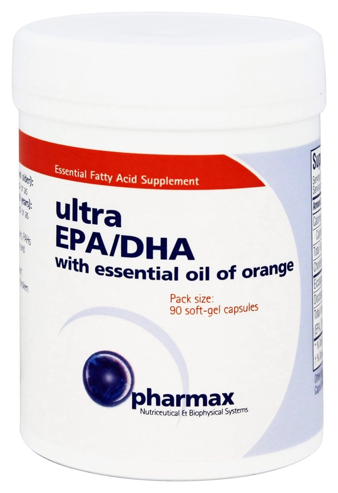 Pharmax Ultra EPA/DHA bottle with capsules, supporting heart and brain health