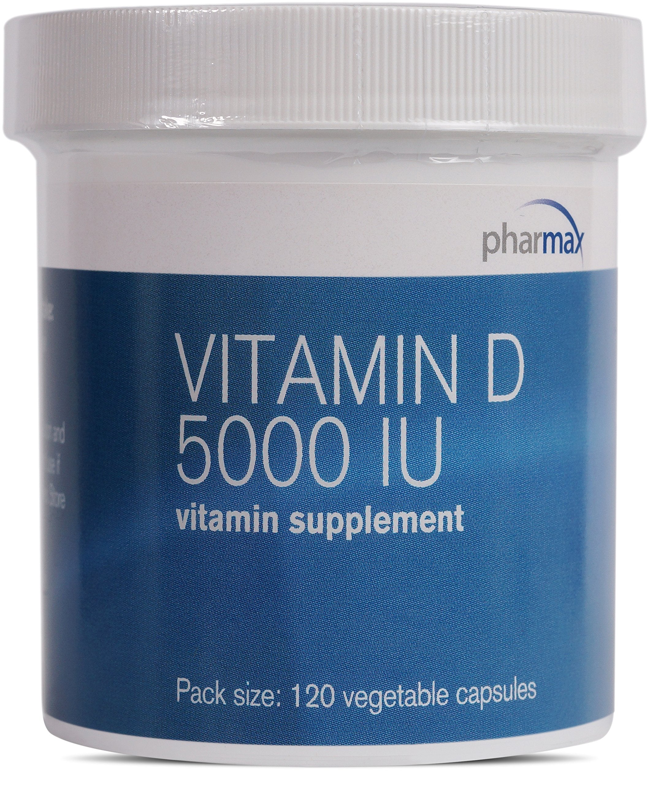 Pharmax Vitamin D 5000 IU bottle with capsules, supporting bone and teeth health