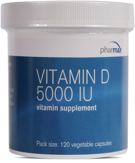 Pharmax Vitamin D 5000 IU bottle with capsules, supporting bone and teeth health