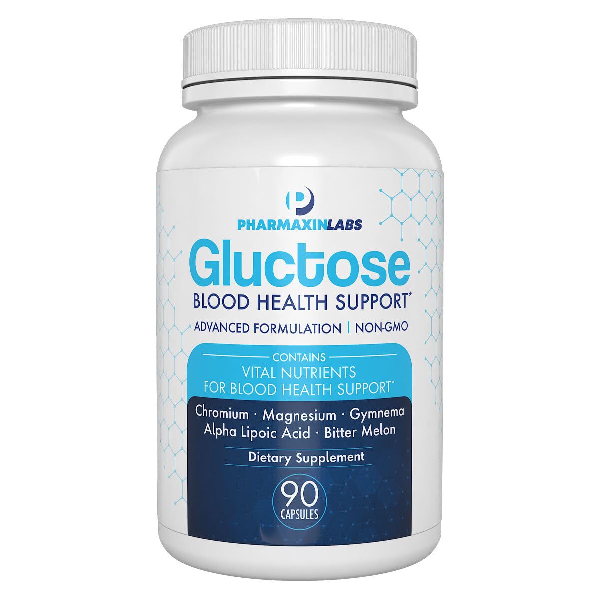 Pharmaxin Labs Gluctose bottle caps illustrate daily capsule form for convenient blood health support.