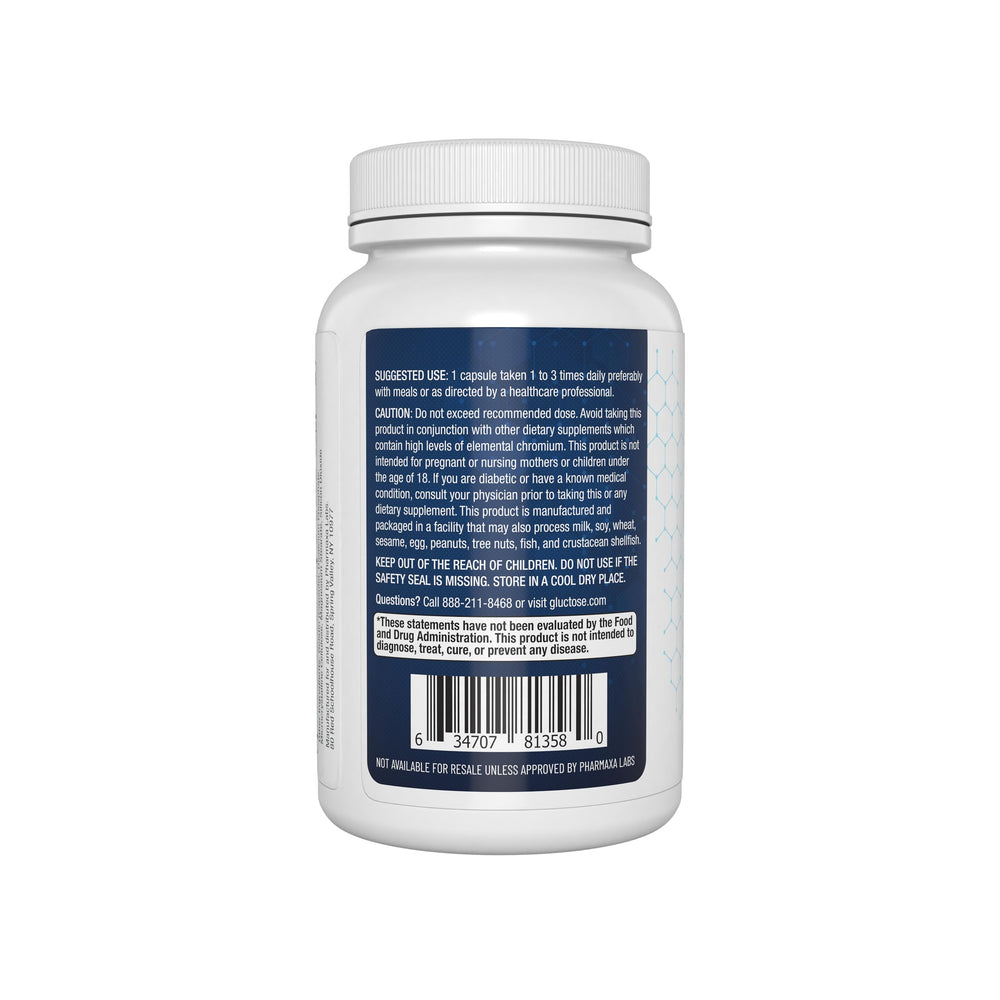 Pharmaxin Labs Gluctose packaging label emphasizes vegan, non-GMO, and USA-made quality.