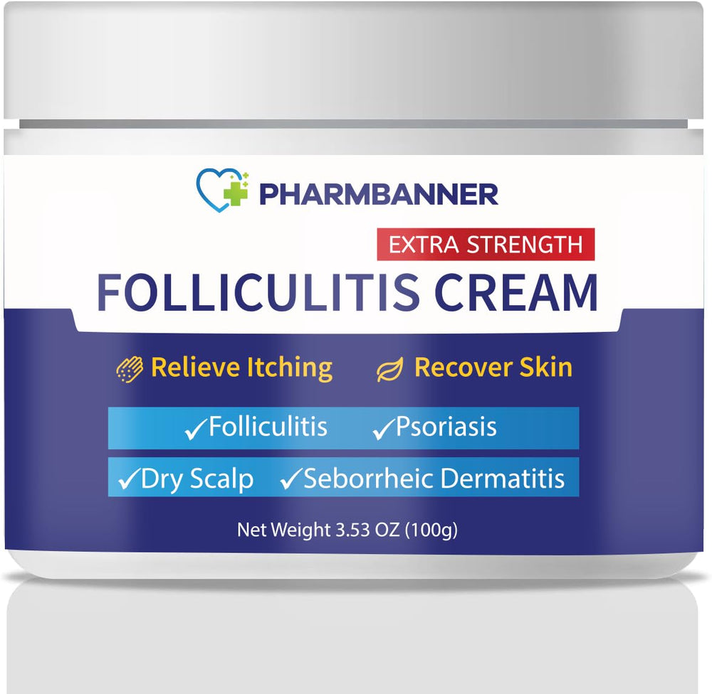PHARMBANNER Folliculitis Cream tube on a bathroom shelf for soothing relief