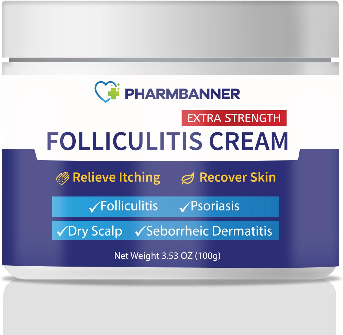 PHARMBANNER Folliculitis Cream tube on a bathroom shelf for soothing relief